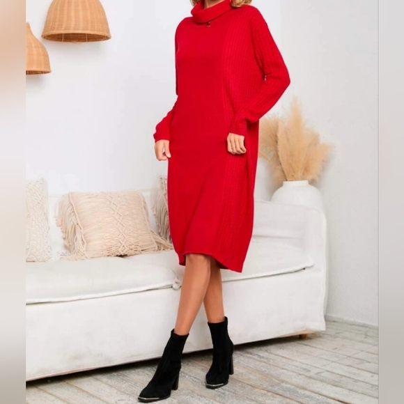 Long neck turtleneck drop shoulder sweater dress red size 8/10 - Picture 6 of 6